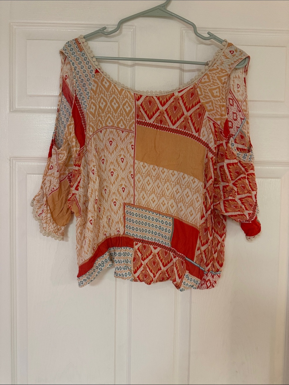 Alya Patchwork Boatneck Blouse in Rust, Cream & Blue